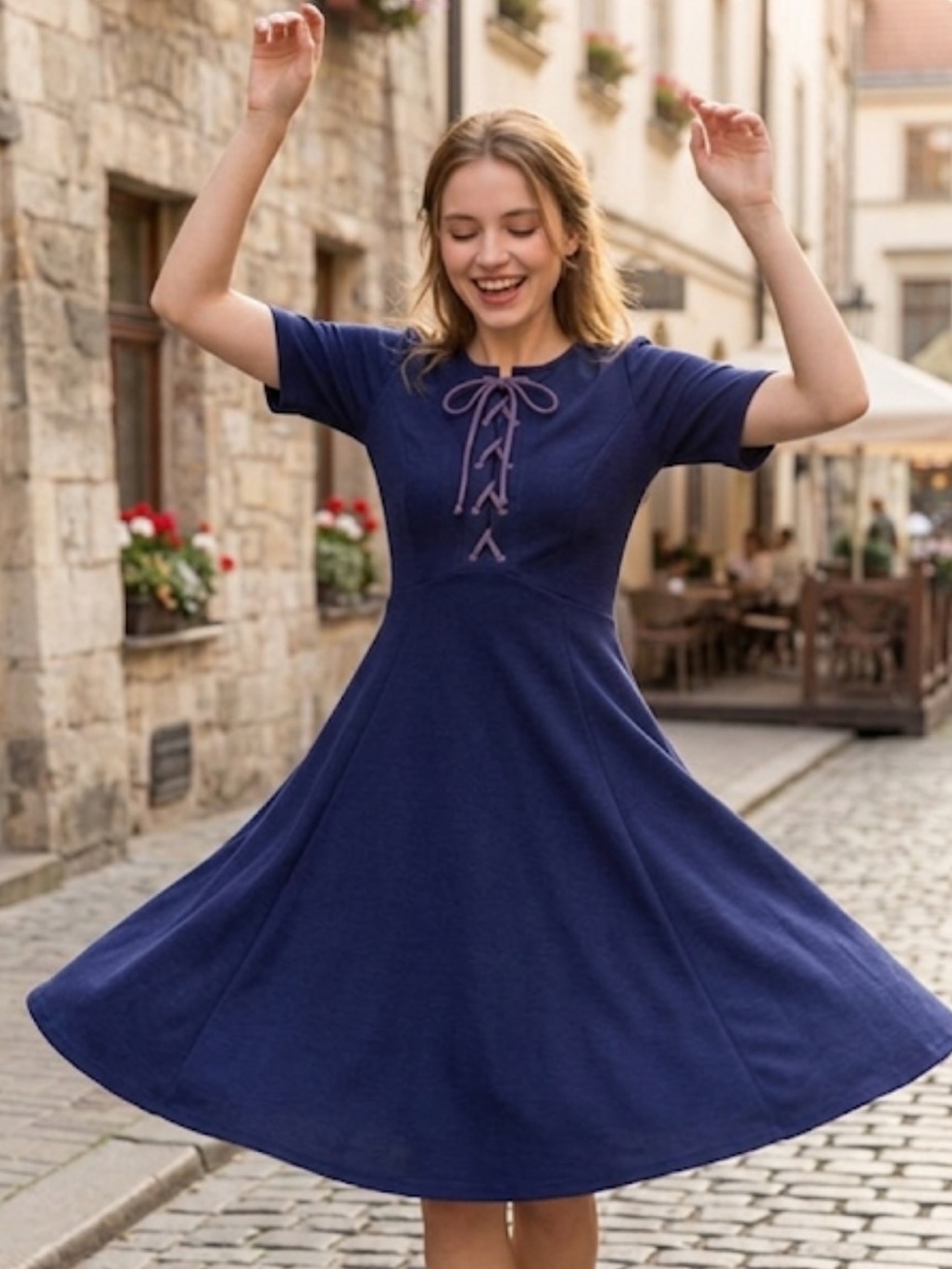 Maeve Anthropologie Navy Blue Lace Up Front Fit & Flare Midi Dress⁠ XS
FF